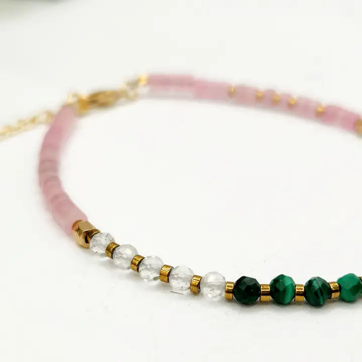 Cancer Healing Harmony Gemstone Bracelet — Malachite, Clear Quartz & Rose Quartz
