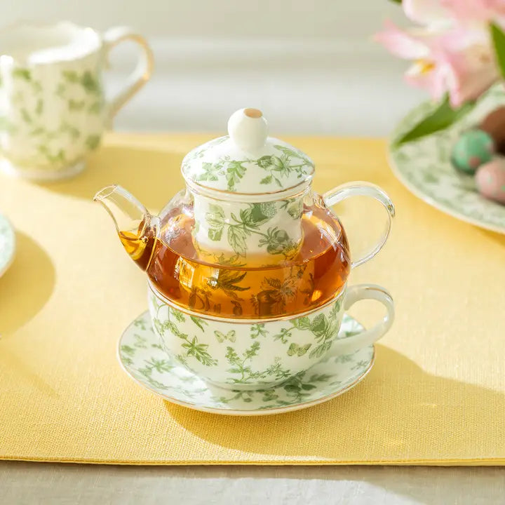 Greeny Garden Tea For One Set – Glass & Porcelain Teapot with Cup