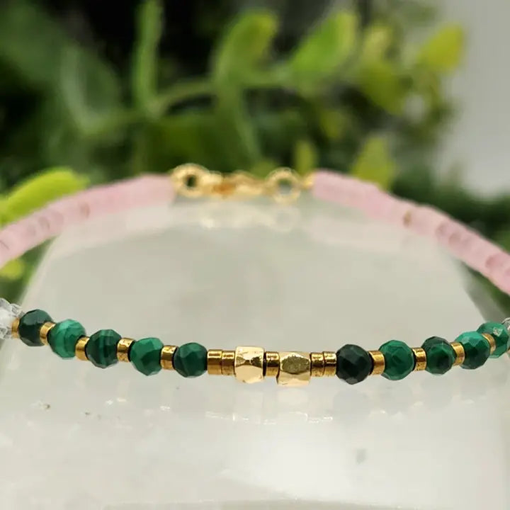 Cancer Healing Harmony Gemstone Bracelet — Malachite, Clear Quartz & Rose Quartz