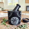 Floral Hand Carved Black Soapstone Mortar & Pestle